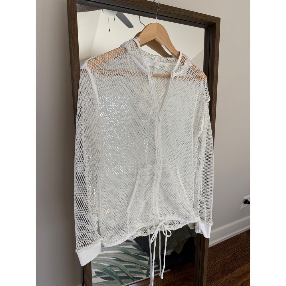 Tribe Kelley White Fish Net Goth Hoodie Cover Up Drawstring Athleisure Travel S